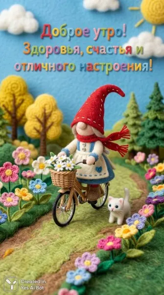 Сказочный гном на велосипеде: уютное рукоделие в весеннем саду с добрым утром. Нейросеть NanoBanana