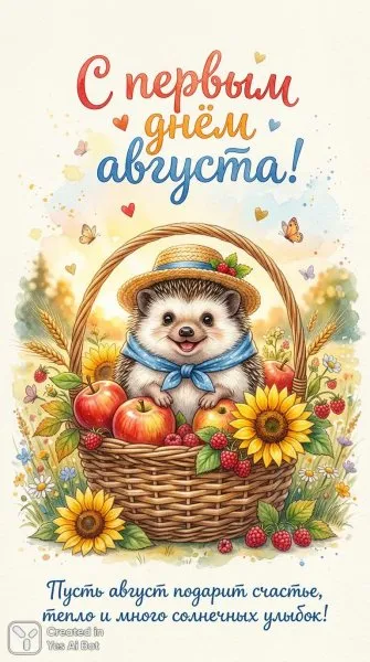 Летнее приветствие с ежиком и дарами августа. Генерация из нейронной сети Нано Банана