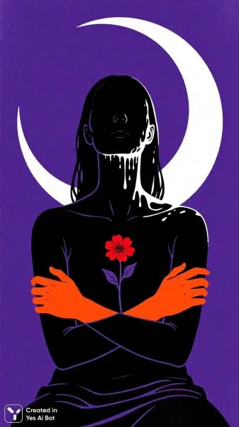 Женщина и луна: сюрреалистичная иллюстрация в стиле минимализма. Картинка из нейросети Qwen Image