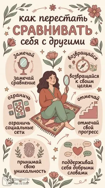 Как перестать сравнивать себя: руководство к уверенности и принятию своей уникальности. Генерация из нейросети Нано Банана