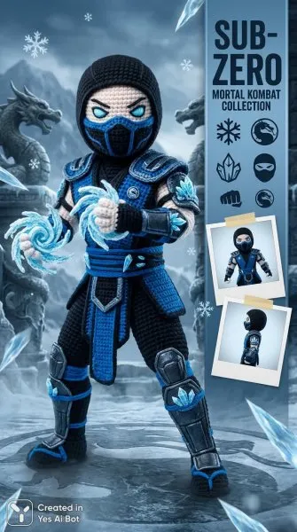 Суровый субзиро: ледяное воплощение Мortal Kombat в деталях вязаной скульптуры. Картинка из нейронной сети Nano Banana