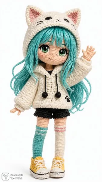 Милый вязаный аниме-персонаж в уютном худи и ярких кедах. Изображение из нейросети Sora Image