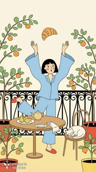Утро на балконе: Сонное пробуждение и вкусный завтрак. Картинка из нейросети Нано Банана