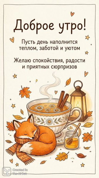 Уютное утро с рыжим лисом и ароматным чаем: тепло, забота и спокойствие. Нейросеть Nano Banana