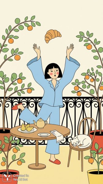 Утро на балконе: Сонное пробуждение и вкусный завтрак. Картинка из нейросети Нано Банана