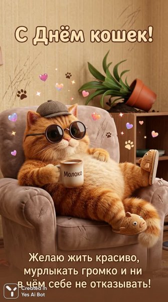 Король кошачьего мира: пушистый хулиган и день кошек!. Картинка из нейронной сети Nano Banana