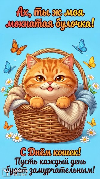 Забавный котенок в уютной корзинке с цветами и бабочками. Генерация из нейросети Nano Banana