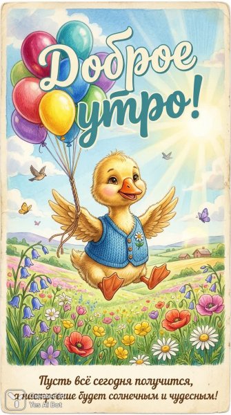 Радостный утенок с воздушными шарами над цветущим лугом. Нейронная сеть Nano Banana