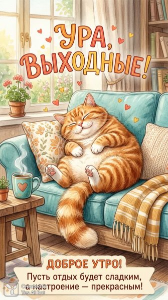 Спящий кот и уютное утро: праздник выходных в нежных тонах. Изображение из нейронной сети Нано Банана