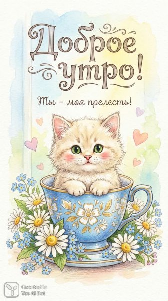 Милый котенок в чашке с ромашками и словами любви. Картинка из нейросети Нано Банана