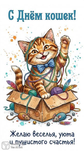 Котенок-хулиган в коробке с нитками и мышками: веселая открытка на День кошек. Нейросеть NanoBanana