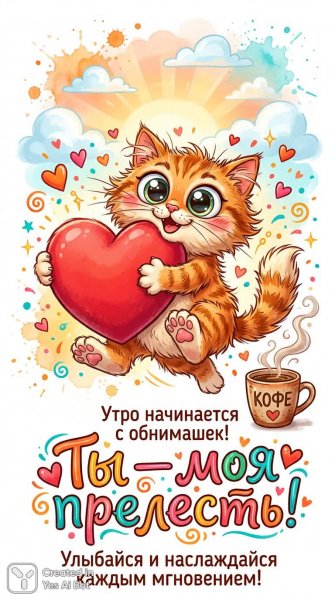 Объятия, кофе и утреннее счастье: милый рыжий котик дарит любовь и тепло!. Картинка из нейронной сети Нано Банана