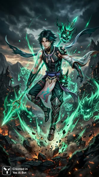 Крио Воин: Ярость Сяо в стиле Sacred 2 и Genshin Impact. Картинка из нейронной сети Нано Банана