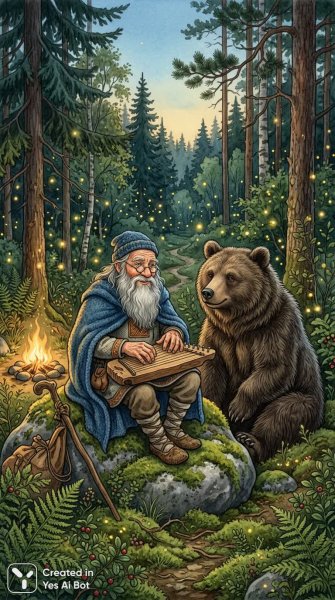 Мудрец и медведь: сказка из финского леса с кантеле. Генерация из нейронной сети NanoBanana
