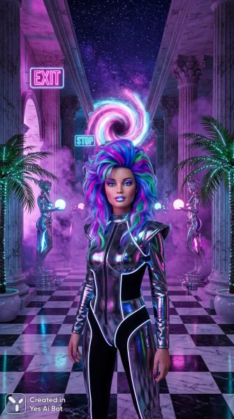 Неоновое дитя восемнадцати: барби в стиле vaporwave и космический портал. Изображение из нейронной сети NanoBanana