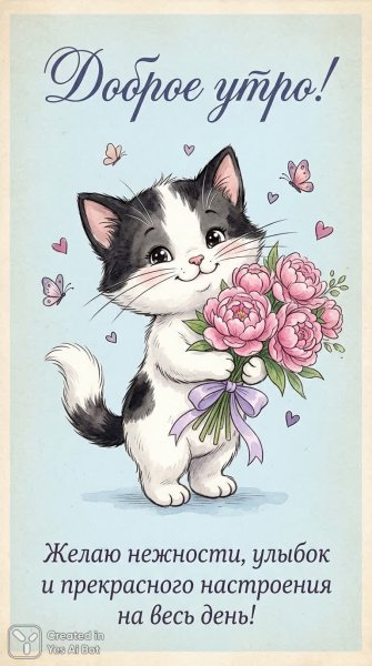 Нежное утро с котиком и пионами: милая иллюстрация в стиле акварели. Изображение из нейронной сети Нано Банана