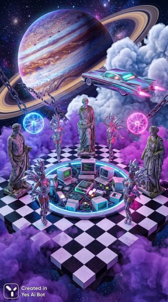 Космический кабаре на шахматном острове: футуристическая сюрреалистичная сцена. Изображение из нейросети Nano Banana