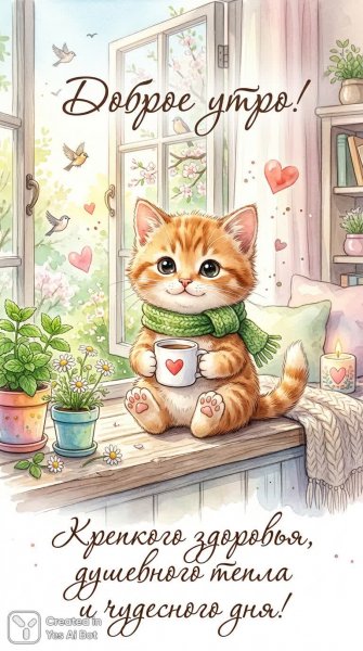 Уютное утро с котенком и пожеланиями добра. Нейросеть Нано Банана