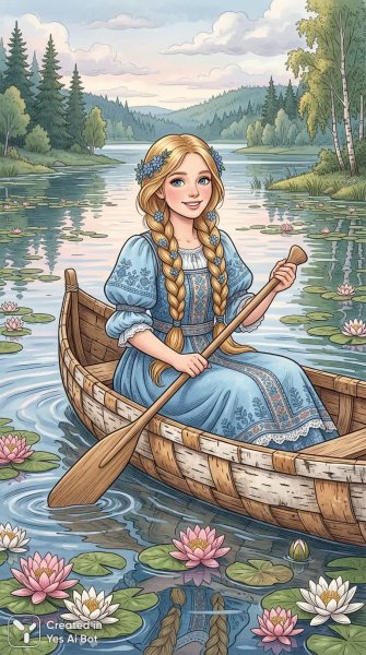 Айно на лодке среди кувшинок: мечтательное отражение скандинавского фольклора. Изображение из нейронной сети NanoBanana