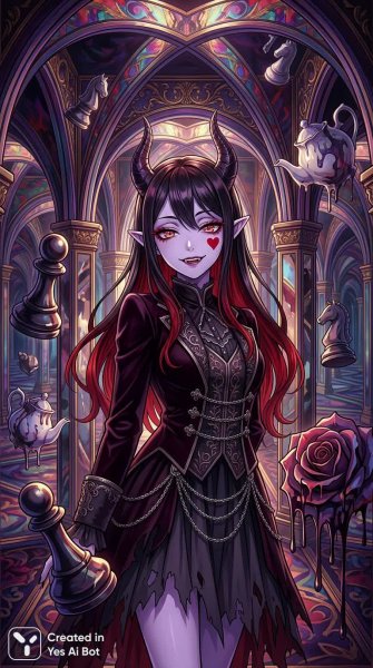 Загадочная Алиса в зеркальном лабиринте: полудемон из Wonderland. Картинка из нейронной сети Нано Банана