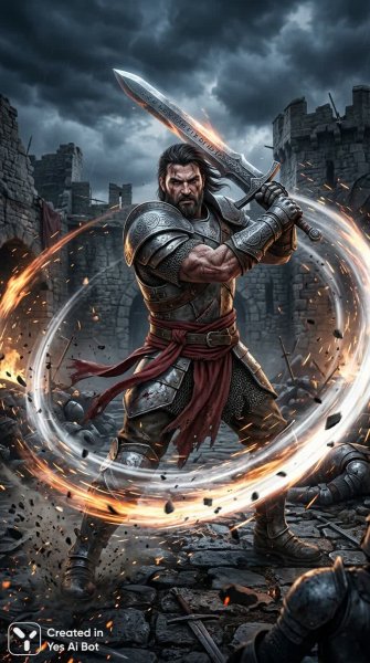 Воин из Runes of Magic: вихрь стали в руинах крепости под грозовыми тучами. Картинка из нейросети Nano Banana