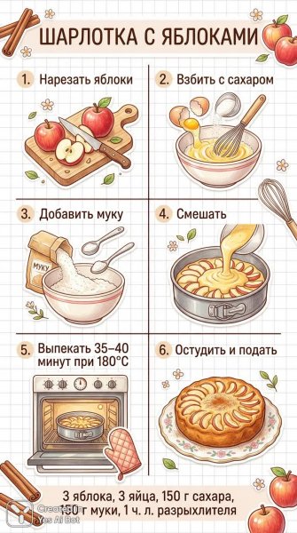 Идеальная шарлотка: пошаговый рецепт с яблоками и секретами приготовления. Изображение из нейронной сети Nano-Banana