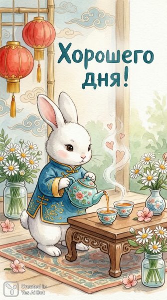 Заячье чаепитие: нежное утро и добрые пожелания. Генерация из нейросети Nano Banana