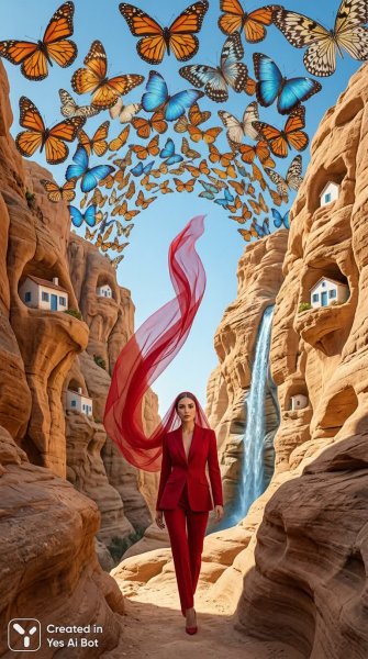 Сюрреалистичная мода: бабочки и красный костюм в солнечном каньоне. Нейронная сеть Nano-Banana