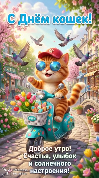 Котенок на скутере: весеннее настроение и кошачьи радости. Картинка из нейронной сети NanoBanana