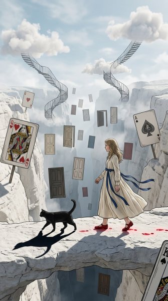 Сюрреалистичная мода: путешествие Алисы по белому каньону. Изображение из нейронной сети Nano Banana
