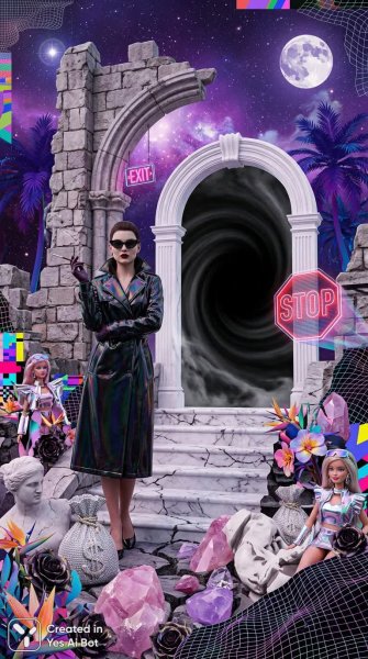 Загадочная роковая женщина в стиле вапорейв и психоделический ретро-футуризм. Изображение из нейронной сети Nano Banana