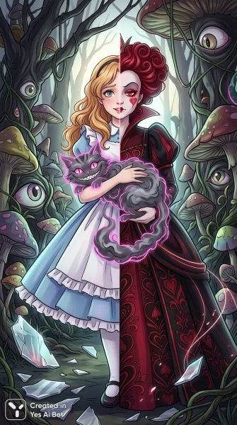 Разделенная Алиса: Две стороны в искаженном Wonderland. Изображение из нейросети Нано Банана