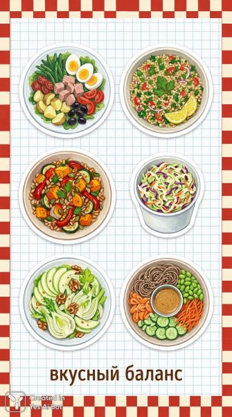 Шесть аппетитных салатов: идеальный вкусный баланс в стильном оформлении. Нейронная сеть NanoBanana