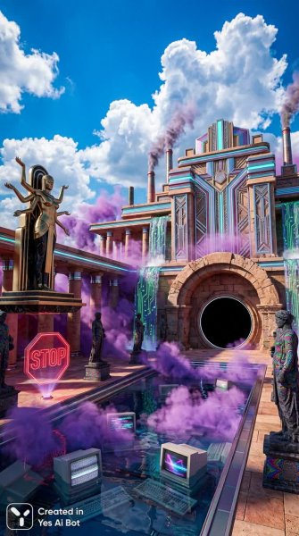 Неоновый храм инопланетян: цифровое откровение в стиле vaporwave. Картинка из нейросети Нано Банана