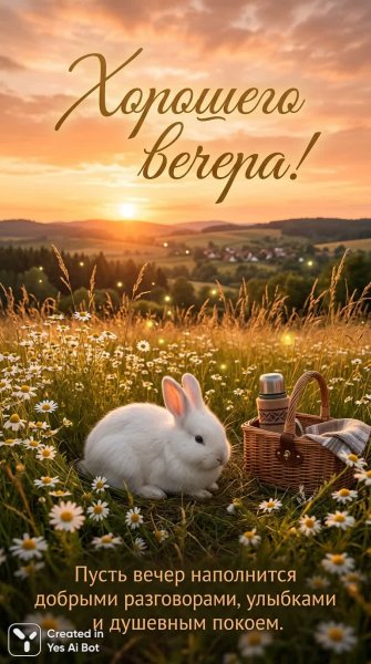 Вечер в поле: заяц, ромашки и тёплые пожелания хорошего вечера. Генерация из нейросети Nano Banana