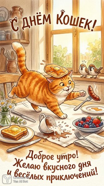 Кошачий переполох на завтраке: веселое утреннее настроение и вкусные сюрпризы!. Картинка из нейросети Нано Банана