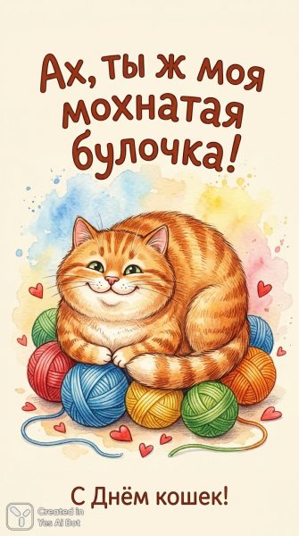 Мохнатая булочка с любовью и уютом на день кошек!. Генерация из нейросети Nano Banana