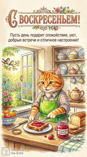 Воскресное утро в деревенской кухне: радостный кот готовит завтрак. Нейросеть Нано Банана
