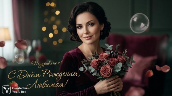 Изысканное поздравление с днем рождения: винные и золотые оттенки. Картинка из нейросети Nano-Banana
