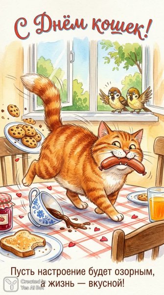 Озорной кот ворует сосиску на праздничном столе. Изображение из нейронной сети Nano-Banana