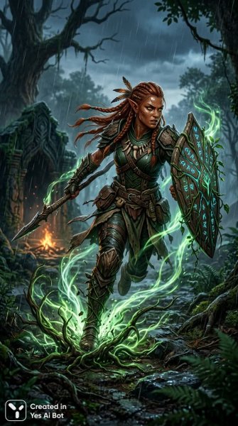 Воительница из Runes of Magic: Ярость природы в сумеречном лесу. Изображение из нейронной сети Нано Банана