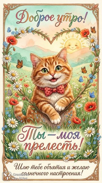 Утро в лучах солнца: котенок дарит объятия и теплоту сердца. Изображение из нейронной сети Nano Banana