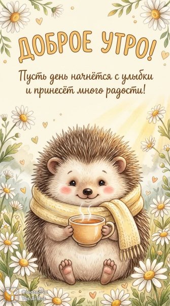 Утро с уютным ежиком и чашкой горячего чая. Нейросеть Нано Банана