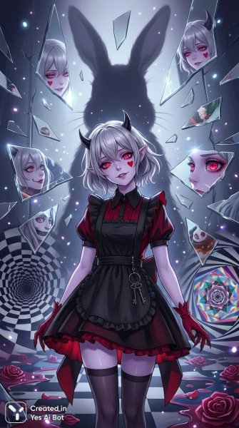 Зеркальный кошмар Алисы: Тёмная демоница в искажённом Wonderland. Изображение из нейронной сети Nano-Banana