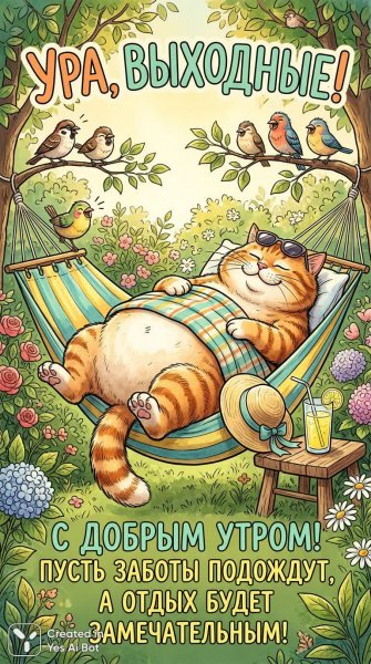 Котик в гамаке: безмятежное утро и летнее настроение. Изображение из нейросети Nano Banana