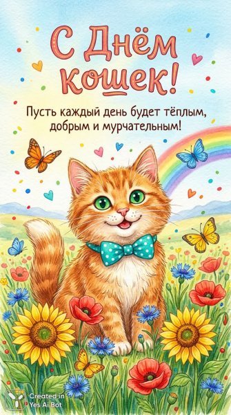 Мурчательная открытка с рыжим котом под радугой и полевыми цветами. Картинка из нейросети Нано Банана