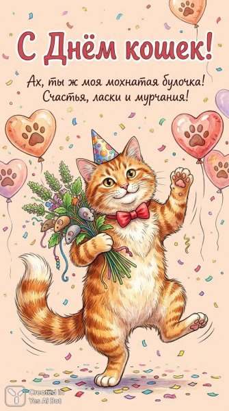 Веселый кот в праздничном наряде: кошачий день рождения с любовью и нежностью. Изображение из нейронной сети NanoBanana