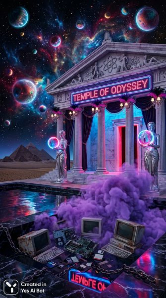 Ретрофутуристический храм: коллаж из мрамора, света и древних технологий. Генерация из нейросети Нано Банана