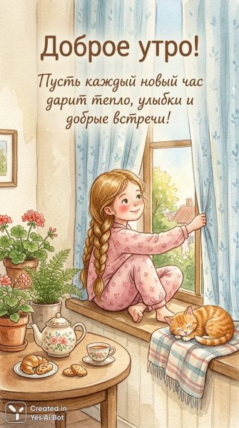Утро в объятиях тепла и нежности: сказочный акварельный рассвет для детей. Генерация из нейросети NanoBanana