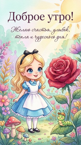 Алиса в волшебном саду: сказочная нежность акварельных красок и добрые пожелания. Генерация из нейронной сети NanoBanana